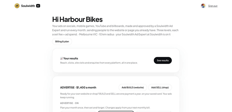 The Soulwidth app for a bike shop changing colour: sage, ocean blue, blush, midnight, ember red and forest green. The words and buttons change with it so they stay easy to read.