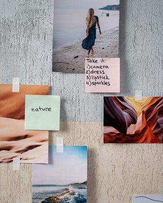 A woman in front of a wall of photos and notes: a vision board