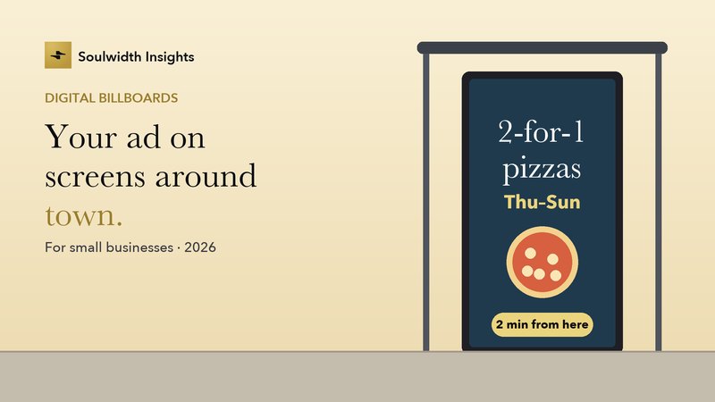 A digital screen at a bus shelter showing an ad: 2-for-1 pizzas, Thursday to Sunday, 2 minutes from here