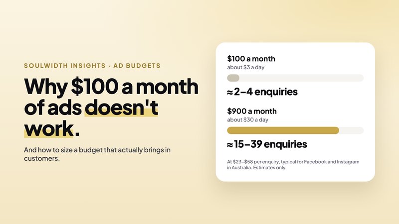 Chart: $100 a month of ads brings about 2–4 enquiries; $900 a month about 15–39